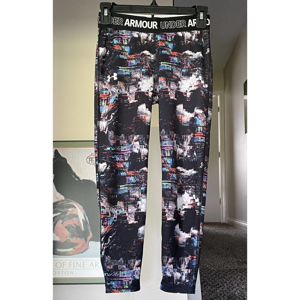Under Armour Girls Leggings Youth Large Geometric Blur Athletic Pants Black Band